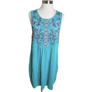 Sundance Shift Dress Size Small Blue 100% Linen Floral Embroidery Sleeveless